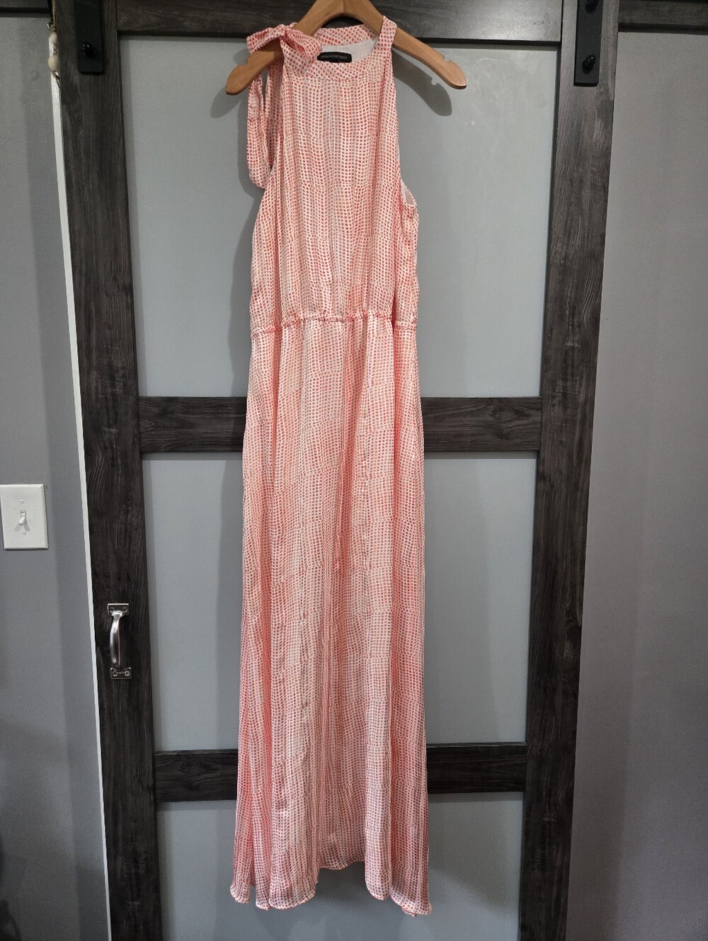 Banana Republic Orange Geometric Maxi Dress Size Large Sleeveless Tie Neck Elast